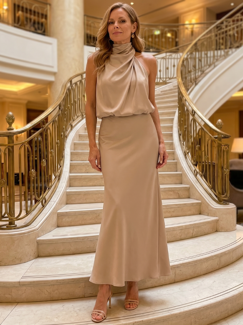 Tahlia | Sleeveless Draped Neck Midi Dress