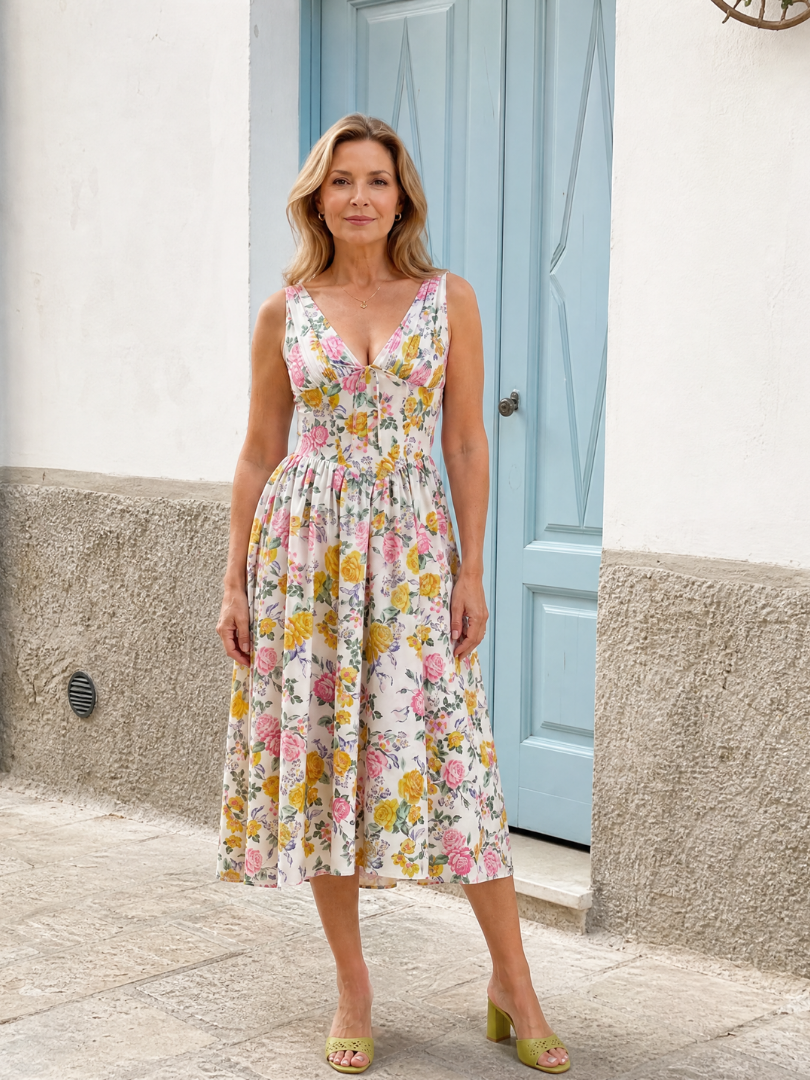 Amelia | Sleeveless Floral V Neck Midi Dress