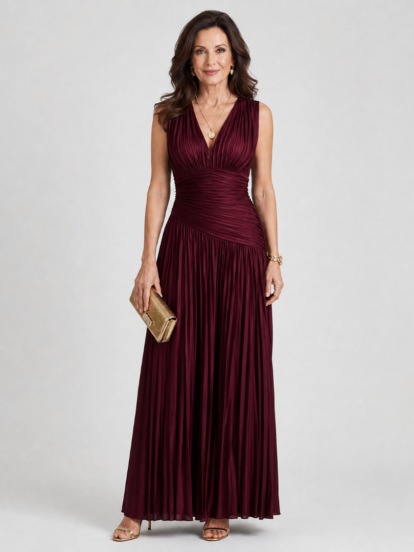 Paige | Sleeveless Pleated V Neck Midi Dress