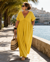 Aria | Textured V Neck Short Sleeve Flowing Midi Dress