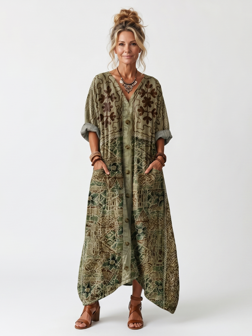 Petal | Button Front Embroidered Oversized Pocket Midi Dress