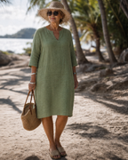 Kiara | Textured V Neck Three Quarter Sleeve Knee Length Dress