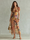 Phoebe | Ruffled Sleeve Ruched Slit Midi Dress