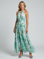 Lucy | Pleated Halter Soft Floral Pattern Midi Dress