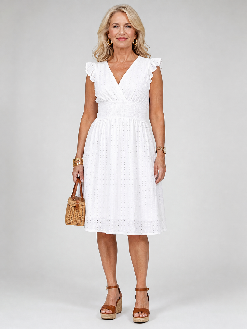 Evie | Sleeveless Eyelet V Neck Midi Dress