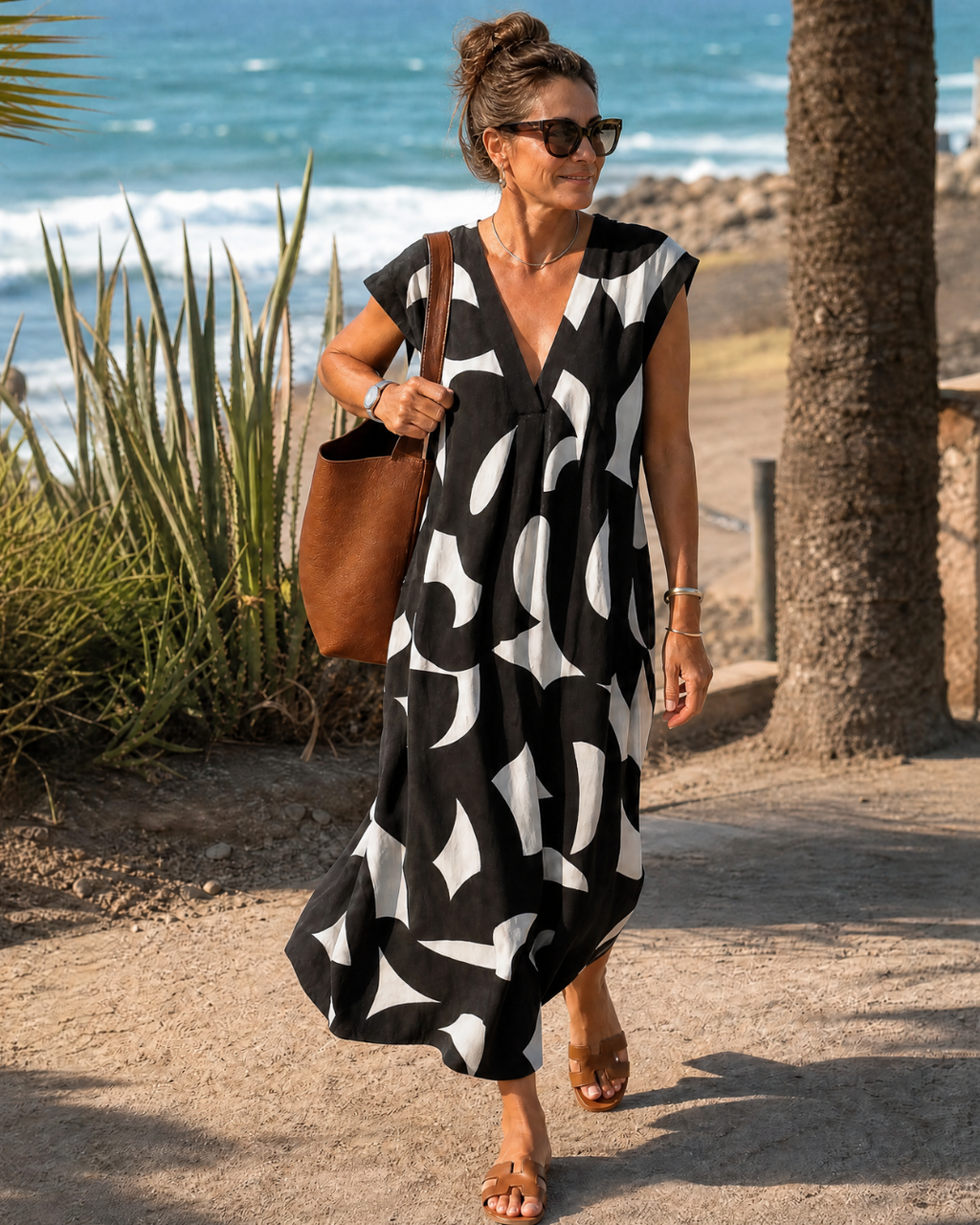 Amara | Abstract Print V Neck Flowing Midi Dress