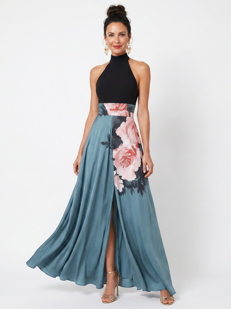 Hazel | Halter Bodice Floral Skirt Maxi Dress