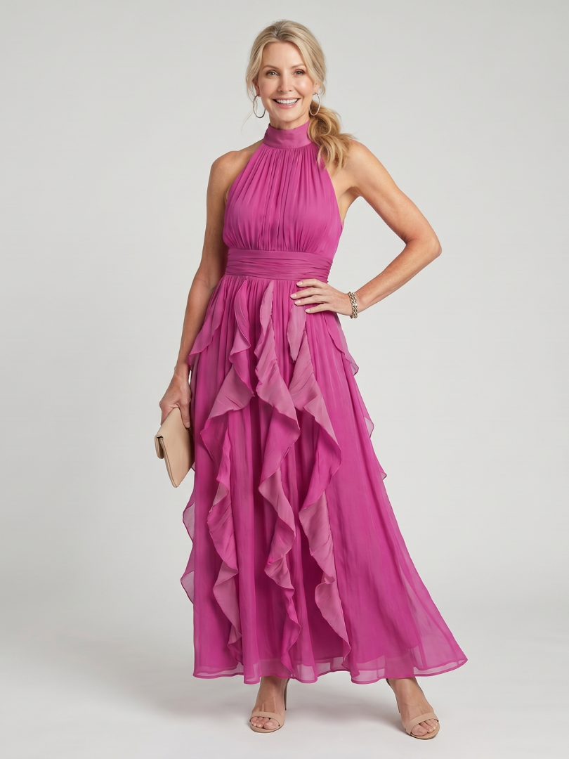 Audrey | High Neck Gathered Ruffle Layers Maxi Dress