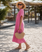 Leila | Washed Cotton Blend V Neck Relaxed Midi Dress