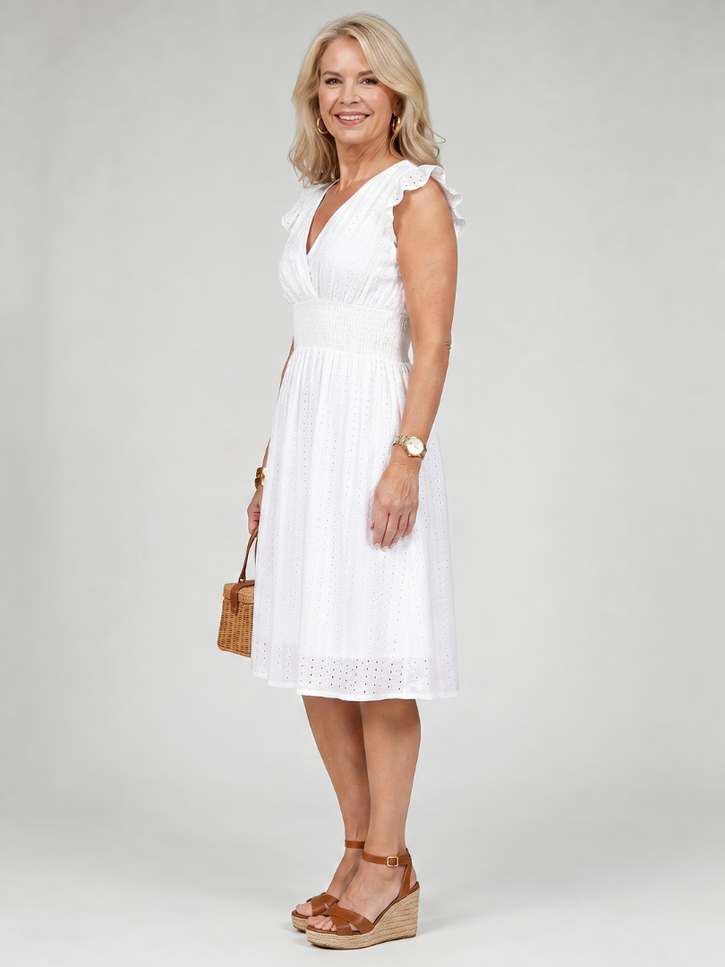 Evie | Sleeveless Eyelet V Neck Midi Dress