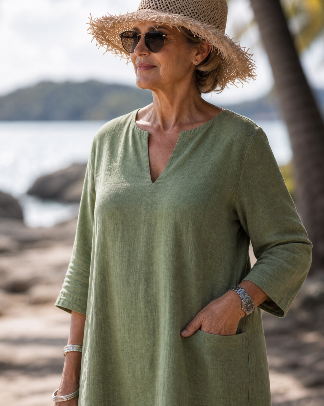Kiara | Textured V Neck Three Quarter Sleeve Knee Length Dress