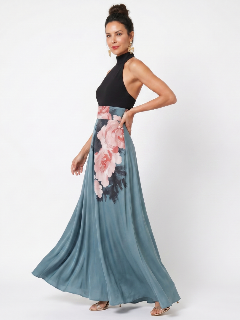 Hazel | Halter Bodice Floral Skirt Maxi Dress