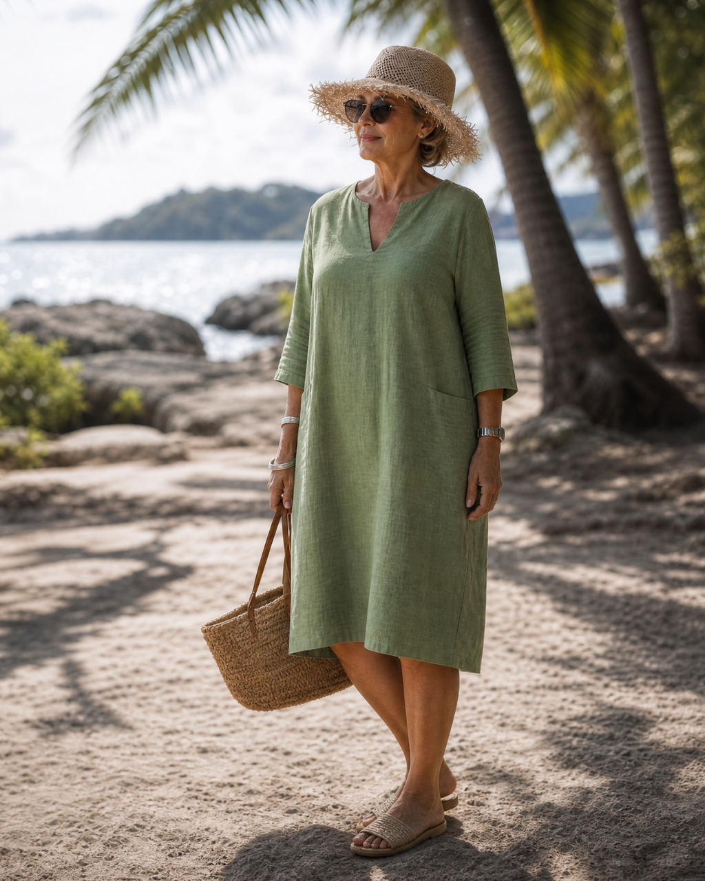 Kiara | Textured V Neck Three Quarter Sleeve Knee Length Dress