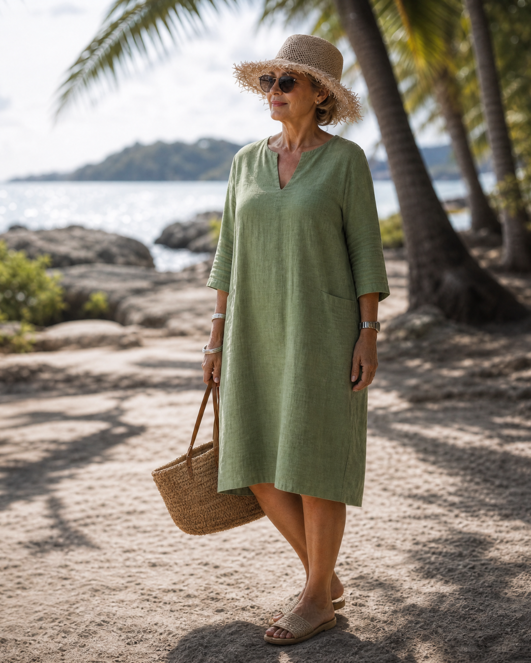 Kiara | Textured V Neck Three Quarter Sleeve Knee Length Dress
