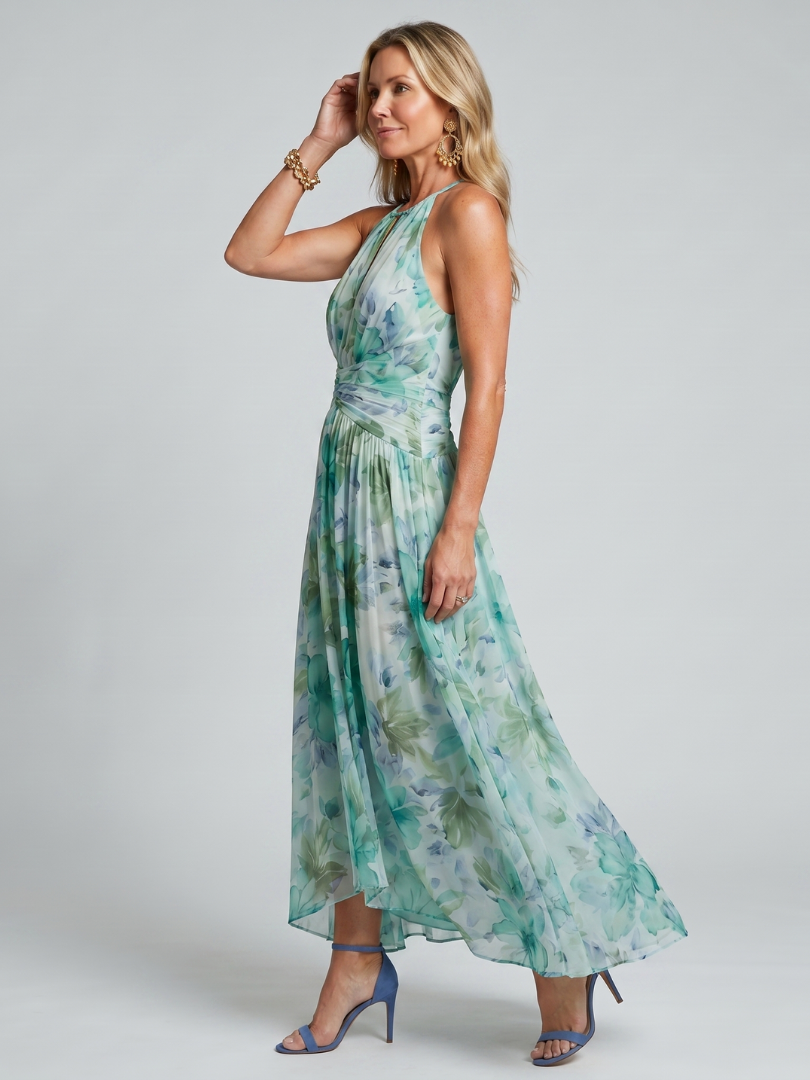 Lucy | Pleated Halter Soft Floral Pattern Midi Dress