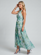 Lucy | Pleated Halter Soft Floral Pattern Midi Dress