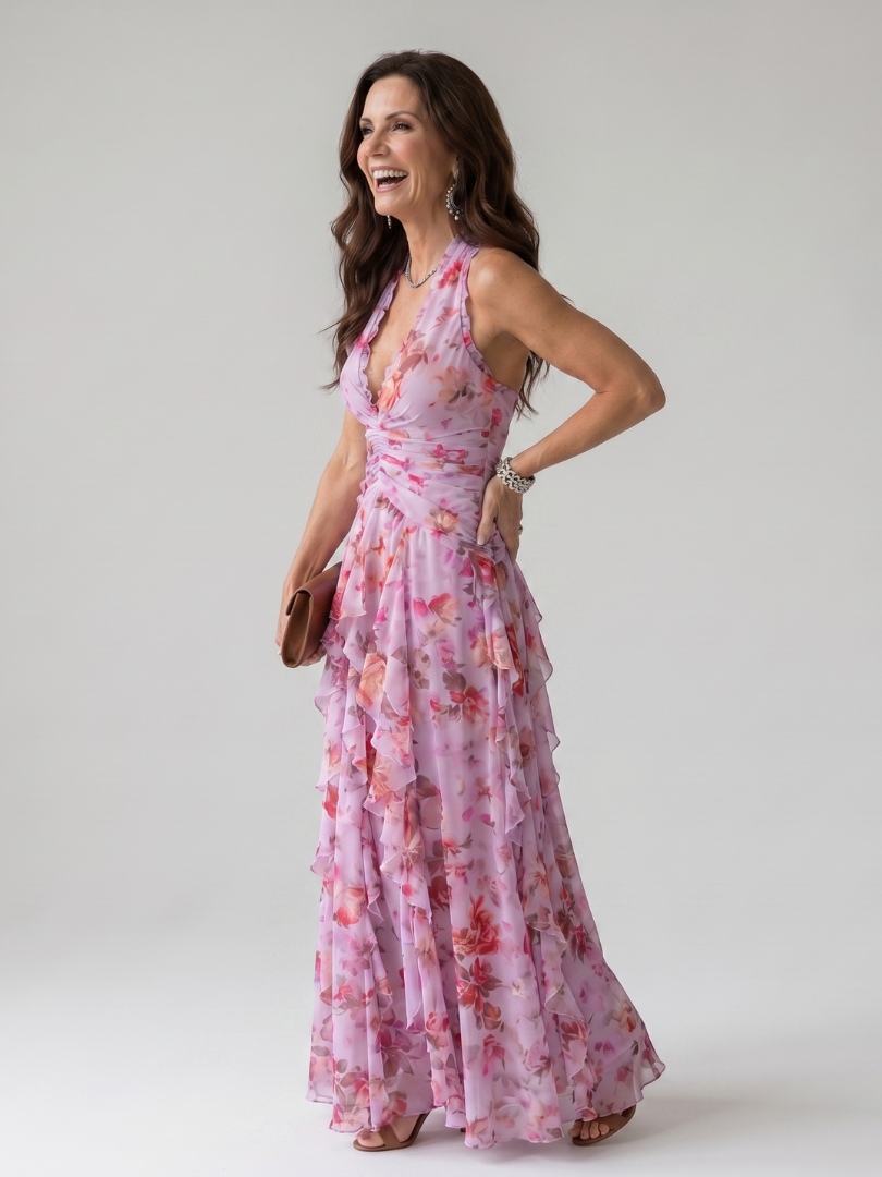 Daisy | Halter Neck Ruched Bodice Floral Maxi Dress