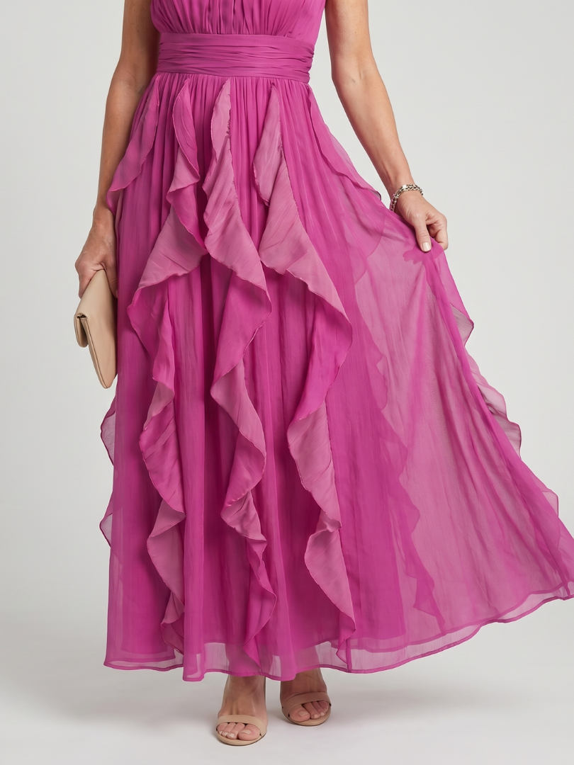 Audrey | High Neck Gathered Ruffle Layers Maxi Dress