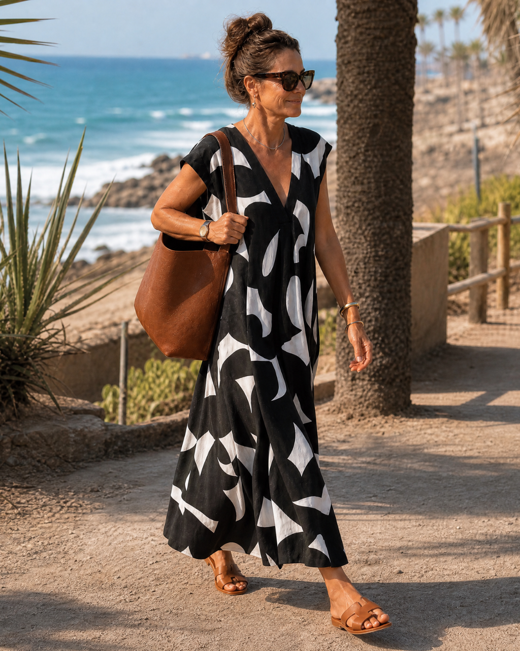 Amara | Abstract Print V Neck Flowing Midi Dress