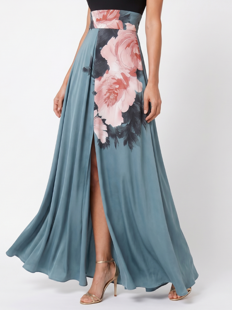 Hazel | Halter Bodice Floral Skirt Maxi Dress