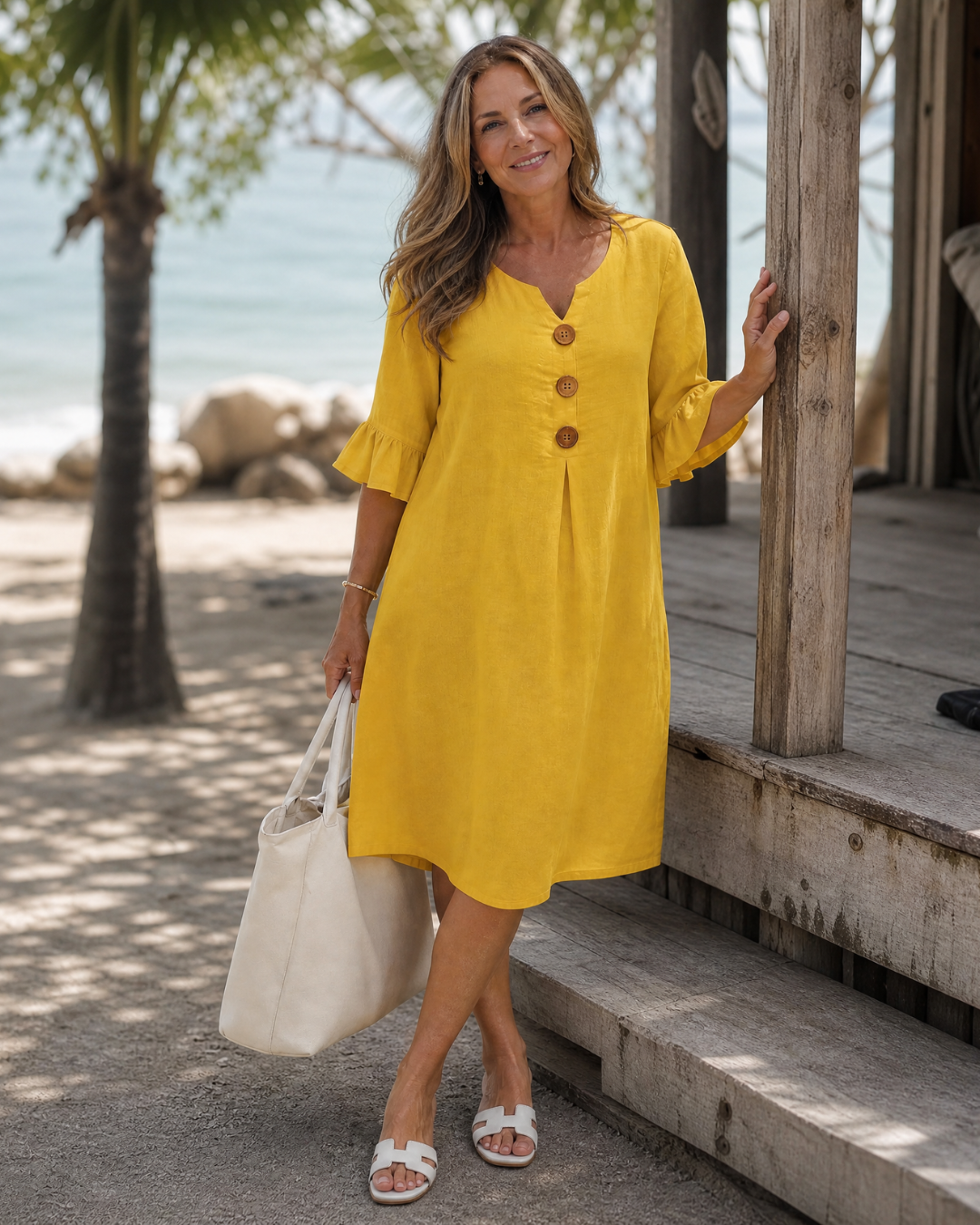 Anya | Button Detail Ruffle Sleeve Relaxed Midi Dress