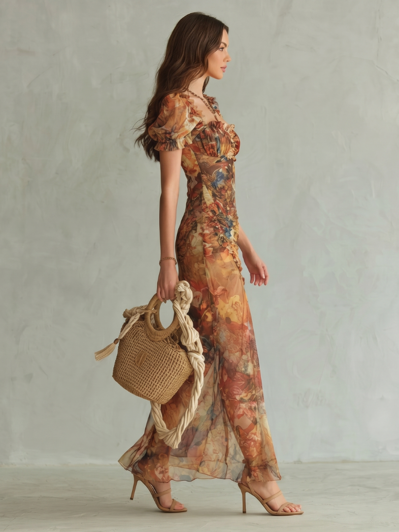 Phoebe | Ruffled Sleeve Ruched Slit Midi Dress