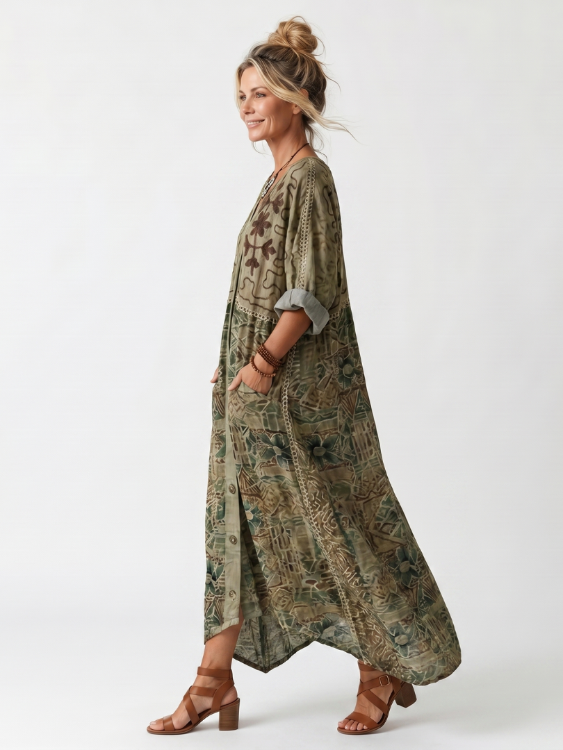 Petal | Button Front Embroidered Oversized Pocket Midi Dress