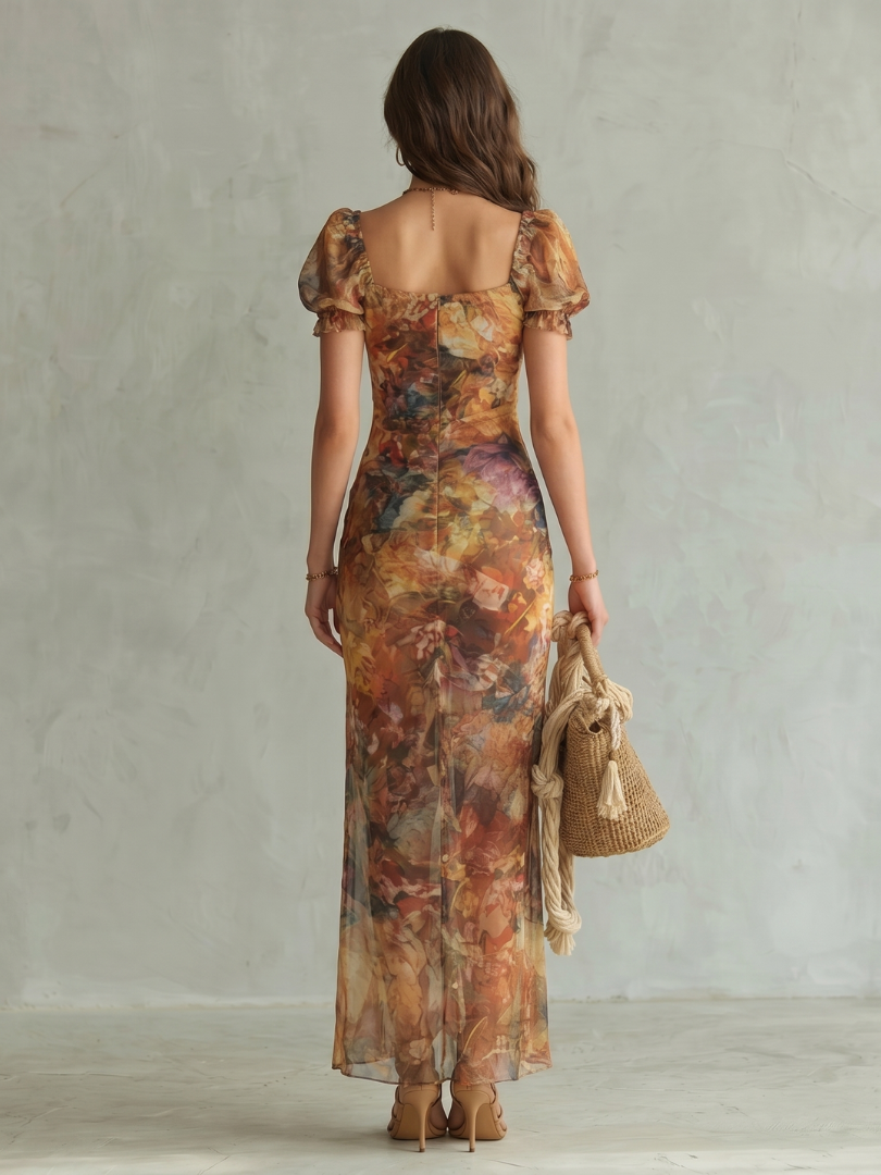 Phoebe | Ruffled Sleeve Ruched Slit Midi Dress