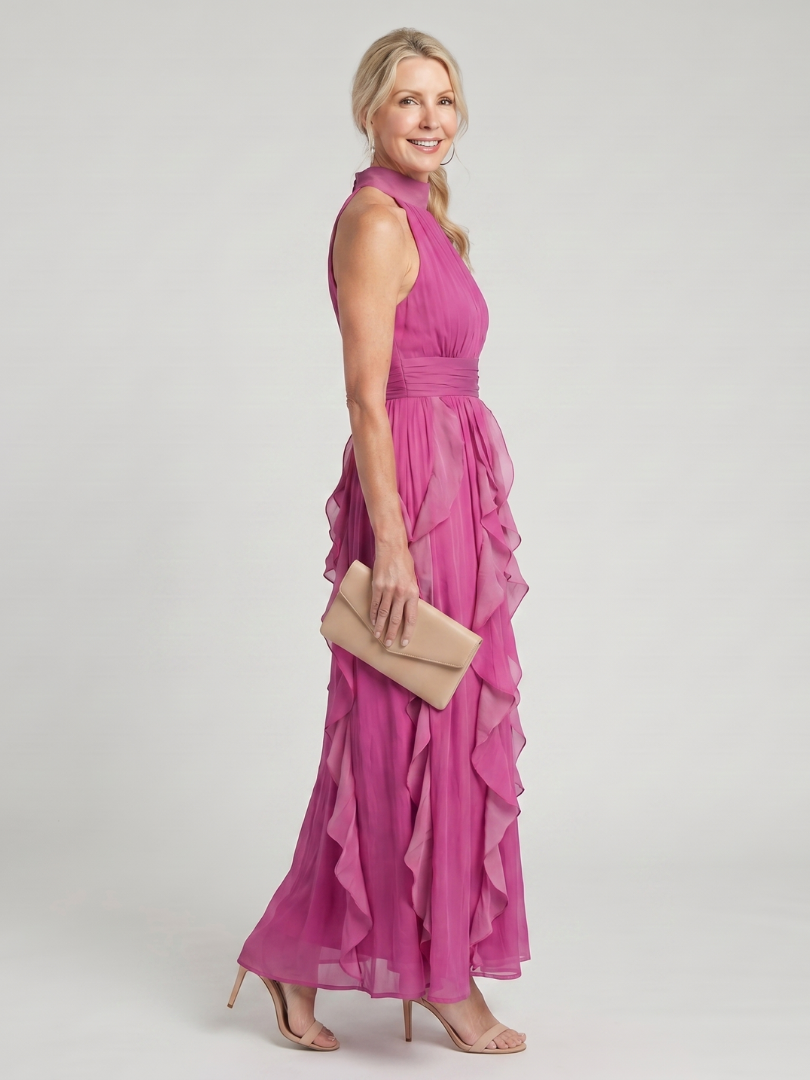 Audrey | High Neck Gathered Ruffle Layers Maxi Dress