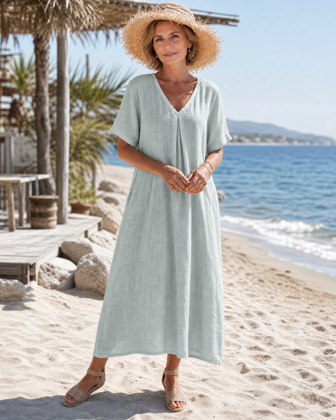 Leila | Washed Cotton Blend V Neck Relaxed Midi Dress