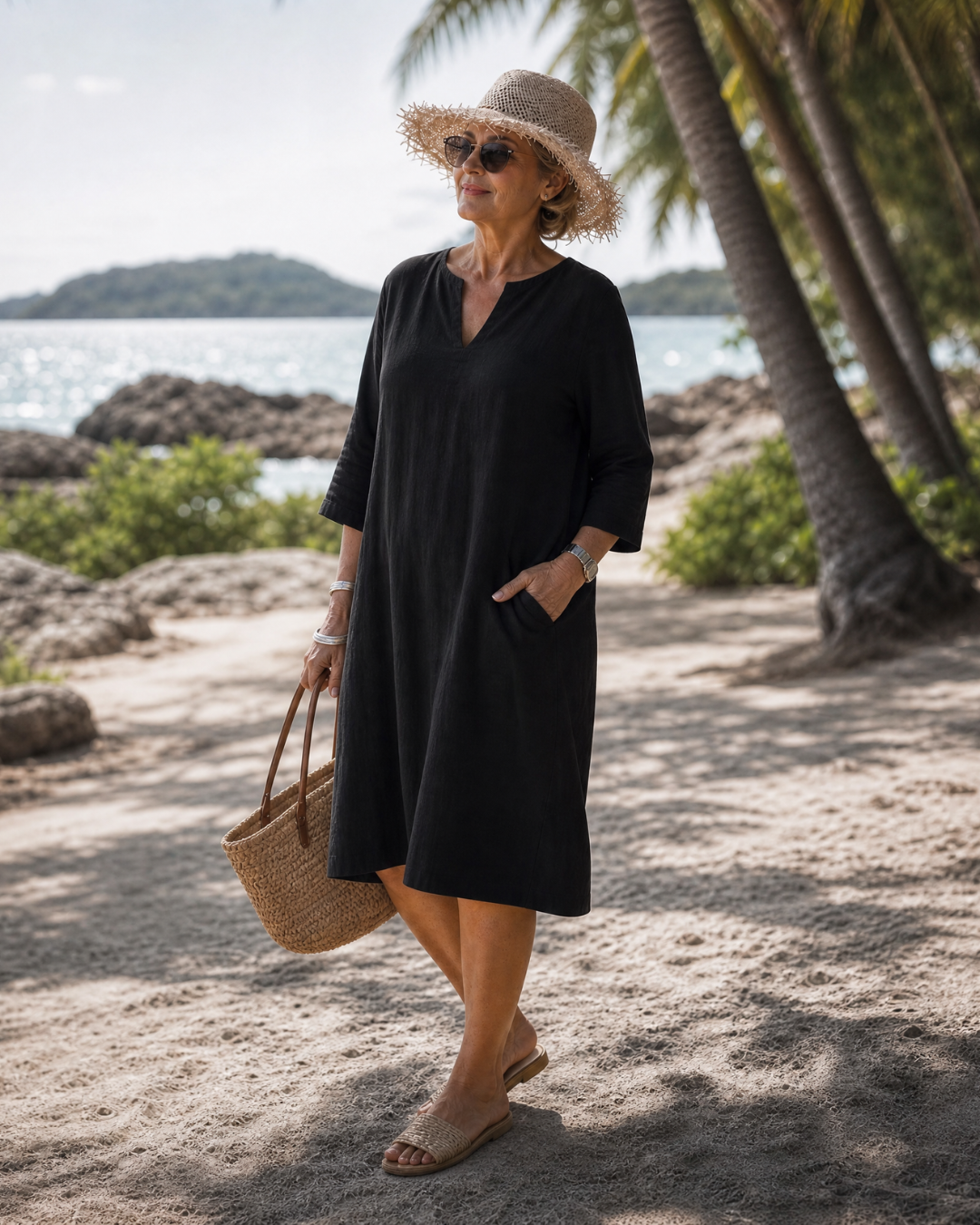 Kiara | Textured V Neck Three Quarter Sleeve Knee Length Dress