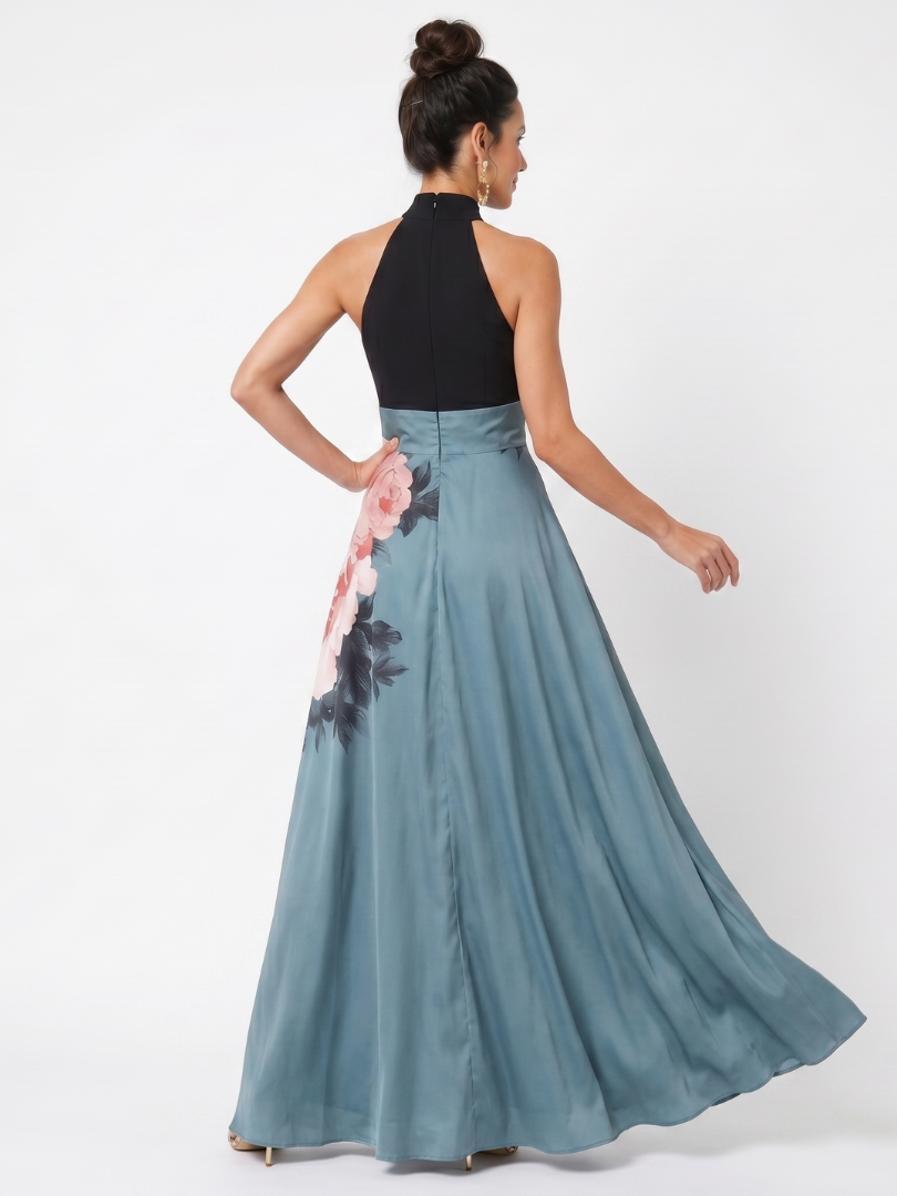 Hazel | Halter Bodice Floral Skirt Maxi Dress