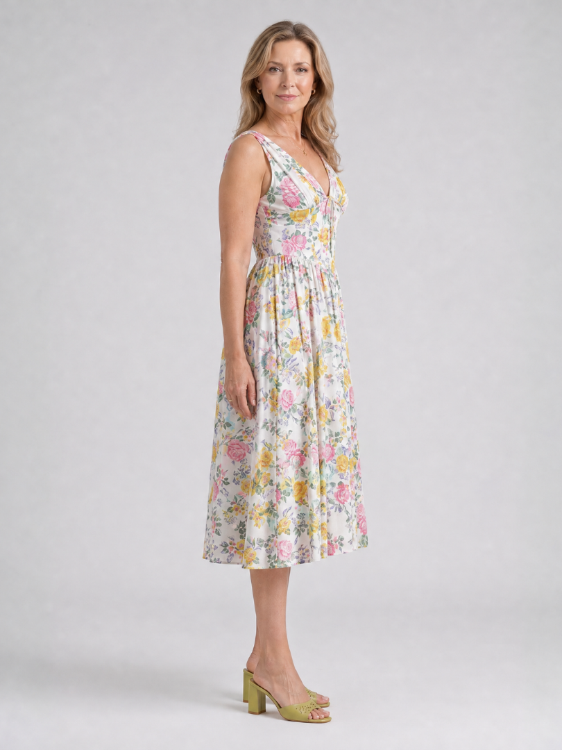 Amelia | Sleeveless Floral V Neck Midi Dress