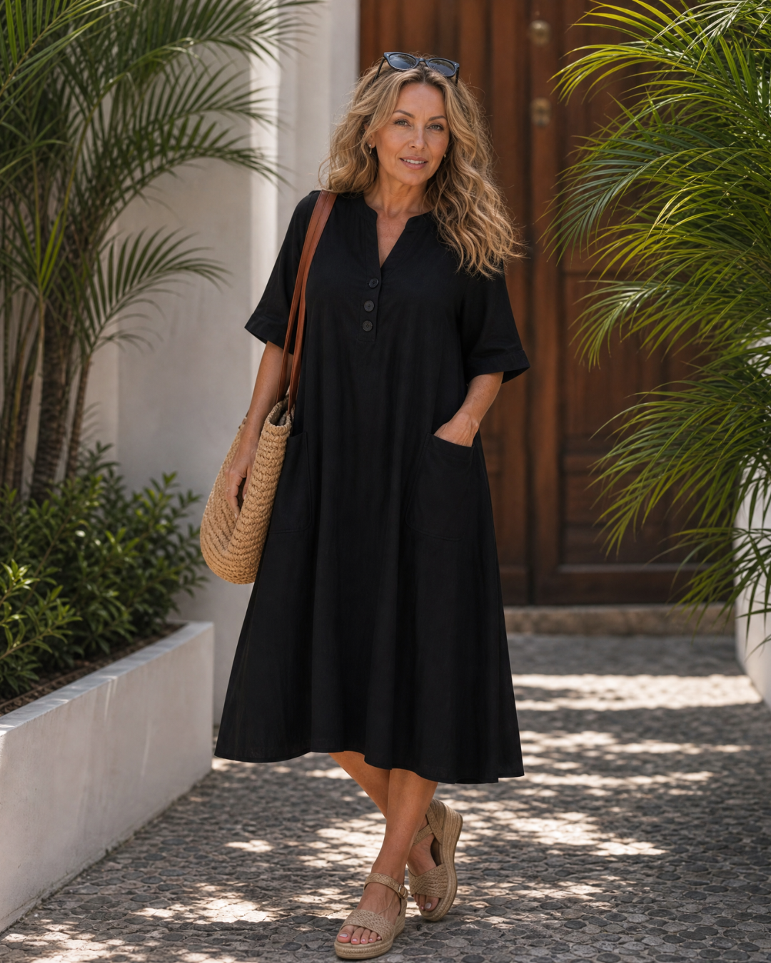 Ayla | Button Detail Three Quarter Sleeve Relaxed Midi Dress