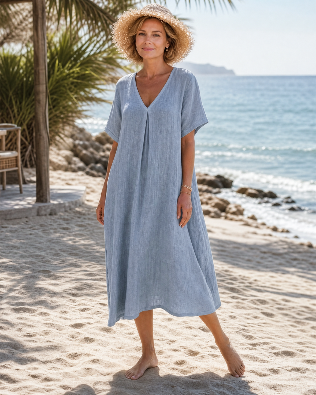 Leila | Washed Cotton Blend V Neck Relaxed Midi Dress