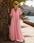 Aria | Textured V Neck Short Sleeve Flowing Midi Dress