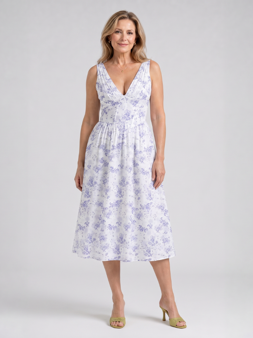Amelia | Sleeveless Floral V Neck Midi Dress