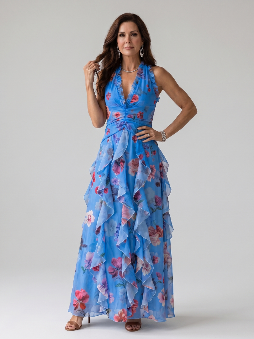 Daisy | Halter Neck Ruched Bodice Floral Maxi Dress