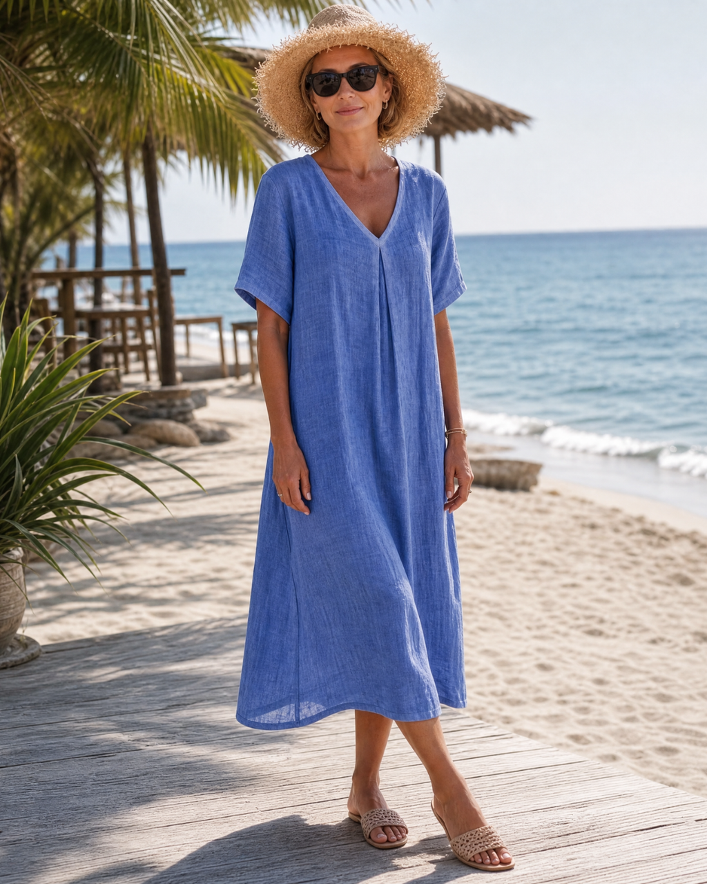 Leila | Washed Cotton Blend V Neck Relaxed Midi Dress