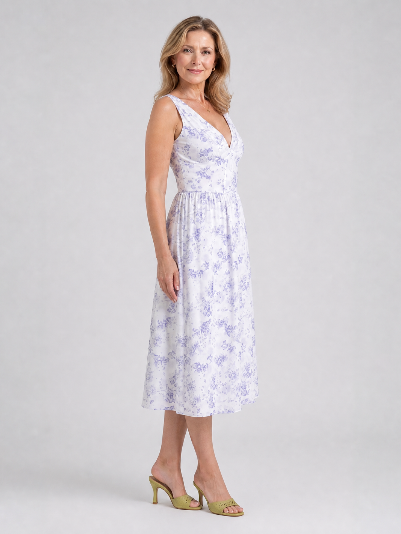 Amelia | Sleeveless Floral V Neck Midi Dress