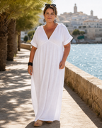 Aria | Textured V Neck Short Sleeve Flowing Midi Dress