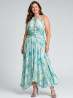 Lucy | Pleated Halter Soft Floral Pattern Midi Dress