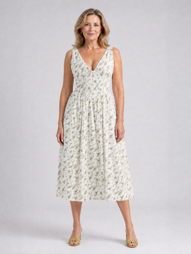 Amelia | Sleeveless Floral V Neck Midi Dress