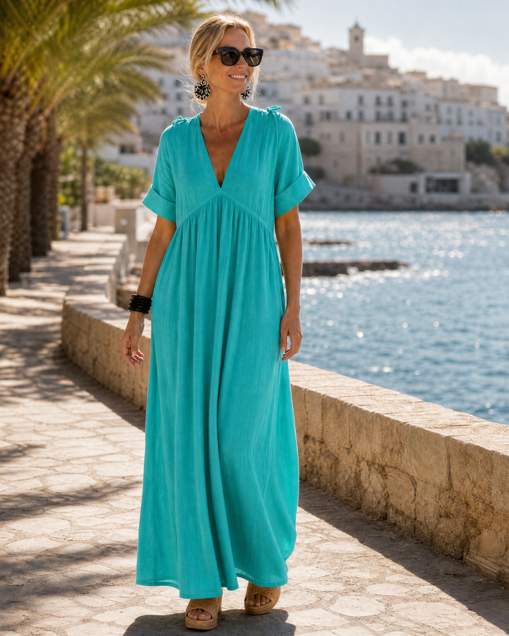 Aria | Textured V Neck Short Sleeve Flowing Midi Dress