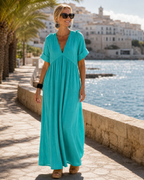 Aria | Textured V Neck Short Sleeve Flowing Midi Dress
