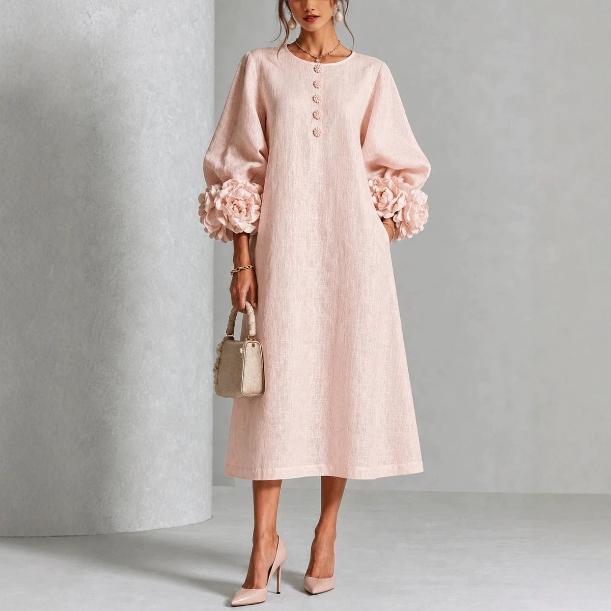 Ivy | Floral Cuff Sleeves Midi Dress