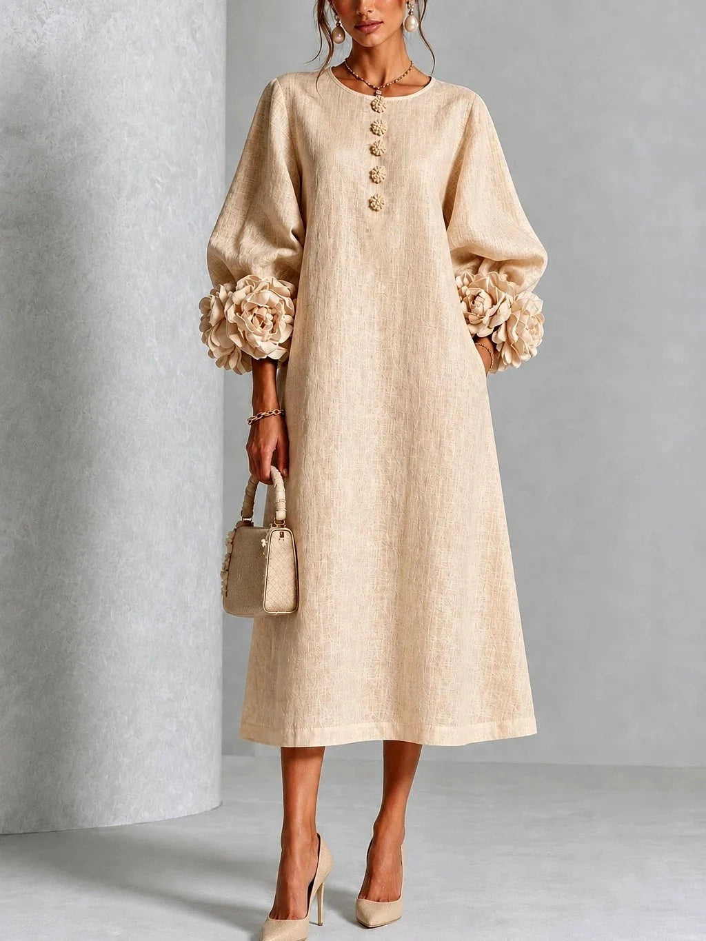 Ivy | Floral Cuff Sleeves Midi Dress