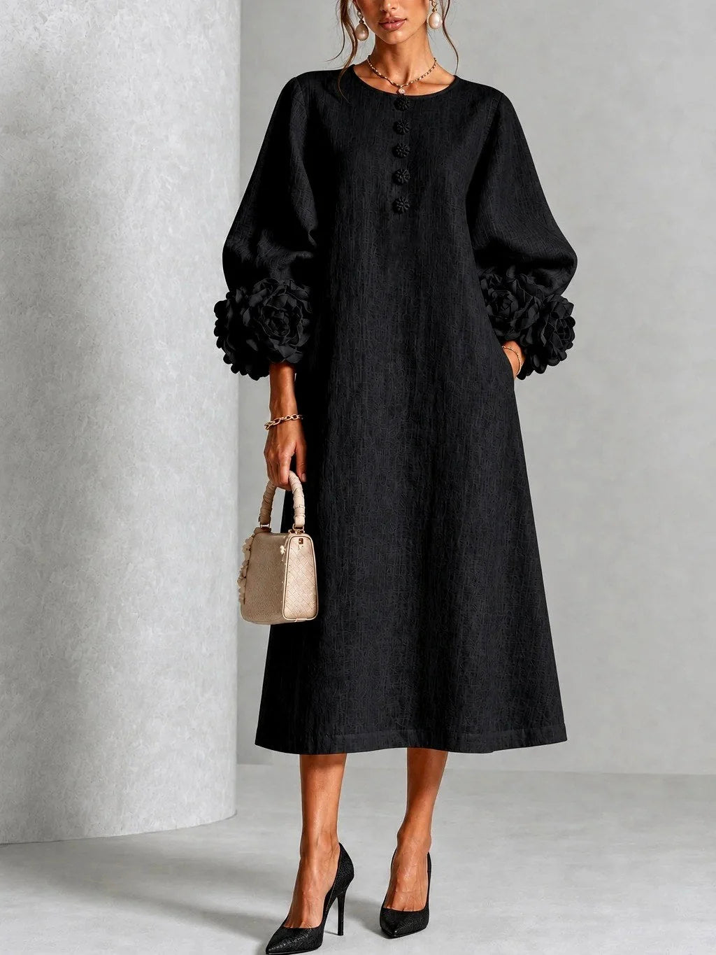 Ivy | Floral Cuff Sleeves Midi Dress